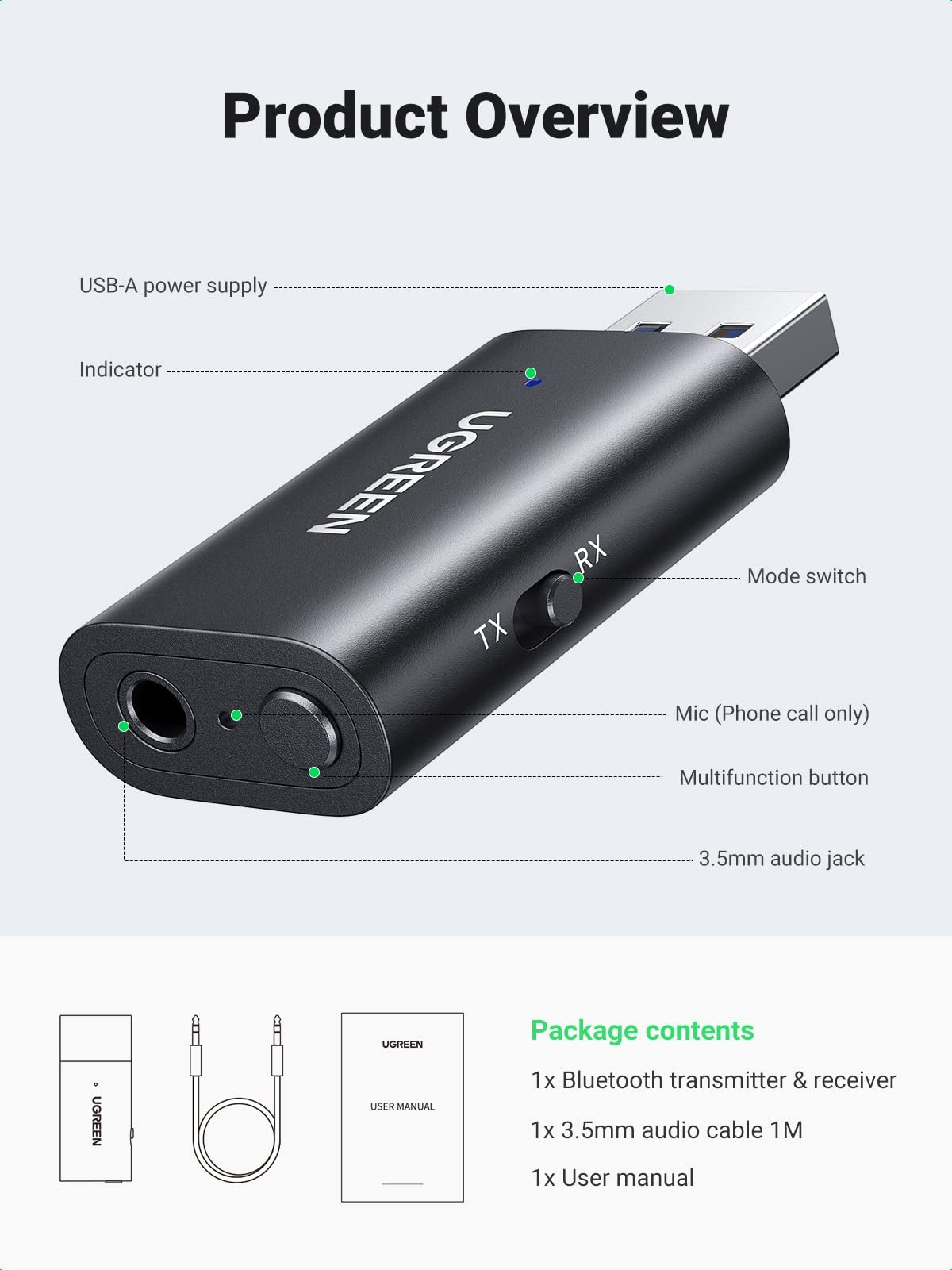 UGREEN Bluetooth 5.1 Transmitter and Receiver Adapter - 2 in 1 Wireless Audio Solution