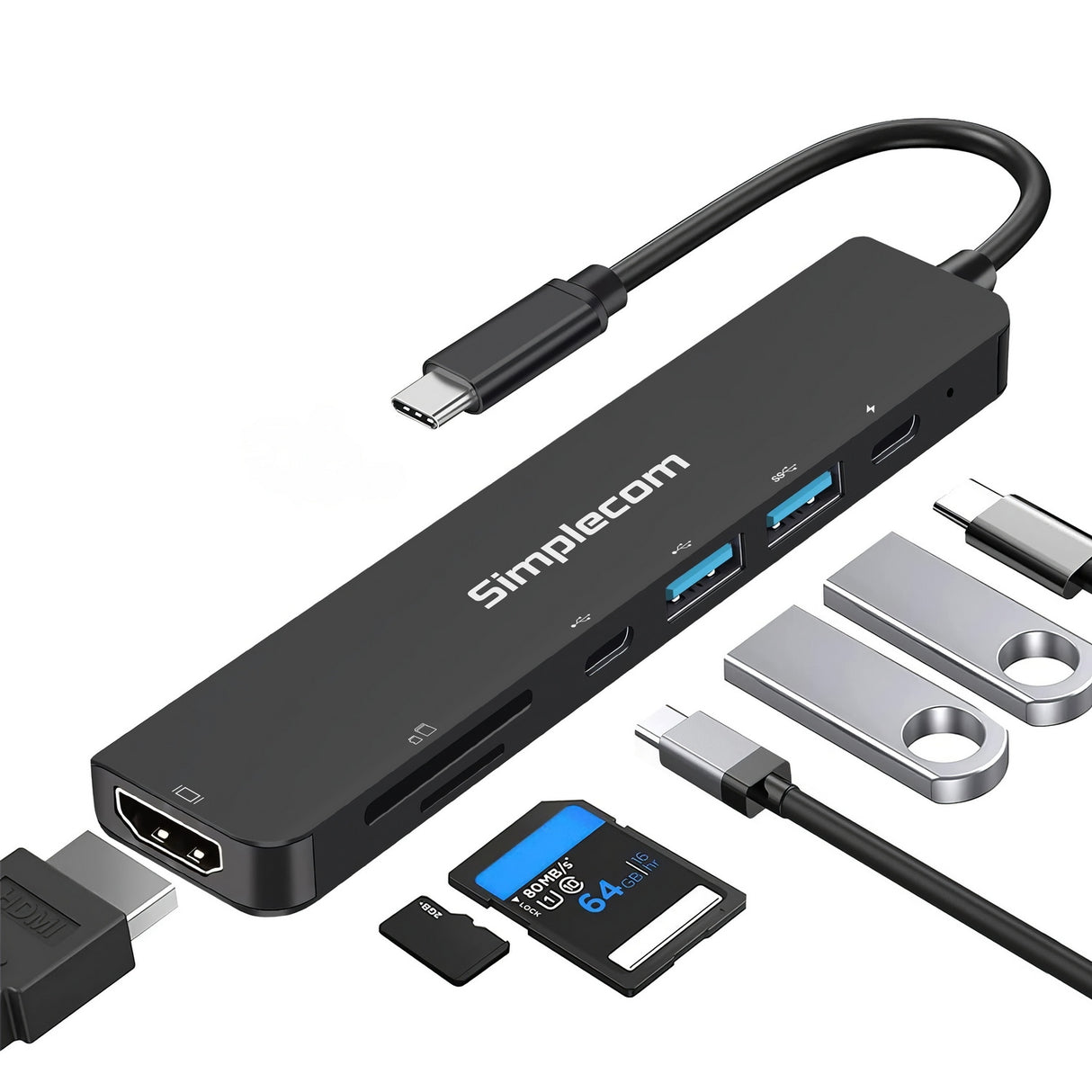 Simplecom CH547 7-in-1 USB-C Multiport Hub with HDMI, Card Reader & PD Charging