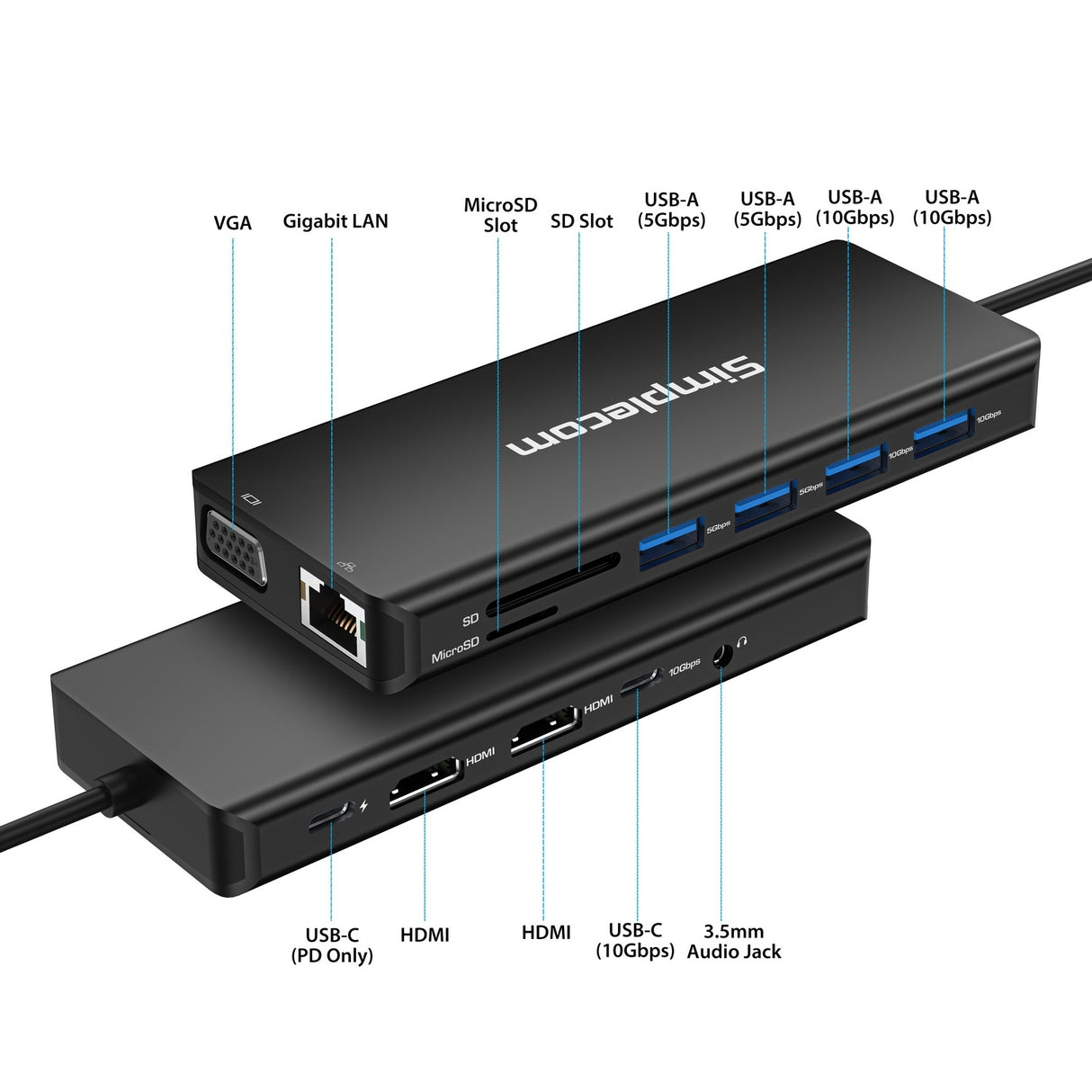 Simplecom CHN613 13-in-1 USB-C Docking Station with Dual HDMI, VGA, and 100W Power Delivery