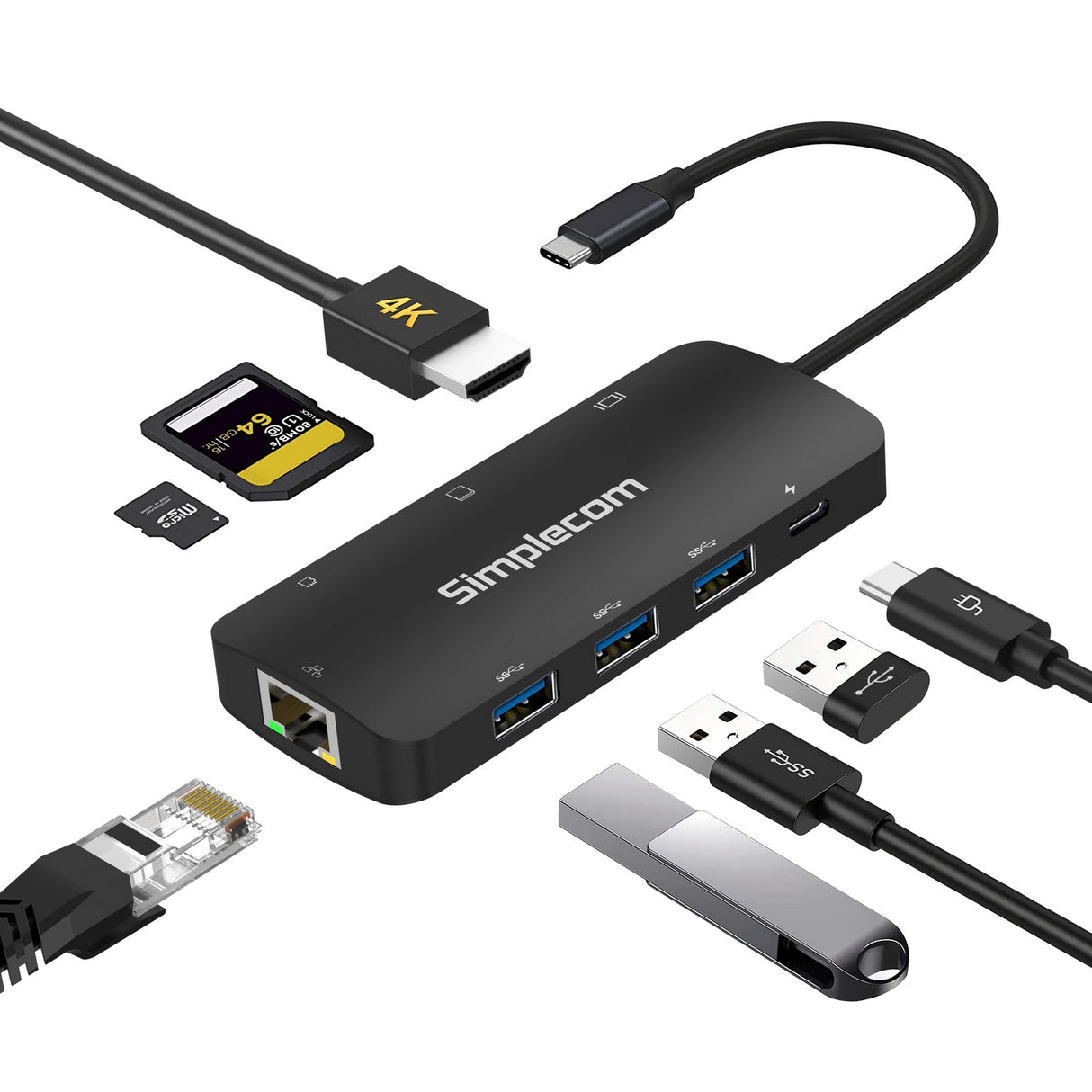 Simplecom CHT580 8-in-1 USB-C Multiport Dock with HDMI 2.0 and Gigabit Ethernet