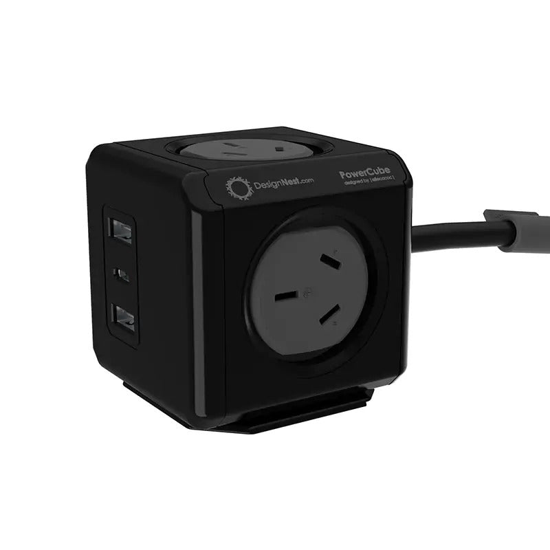 Allocacoc PowerCube Extended 4 Outlet Surge Protector with 2 USB-A & 1 USB-C PD 20W, 1.5M Cable - Black (11407-AUEUAC)