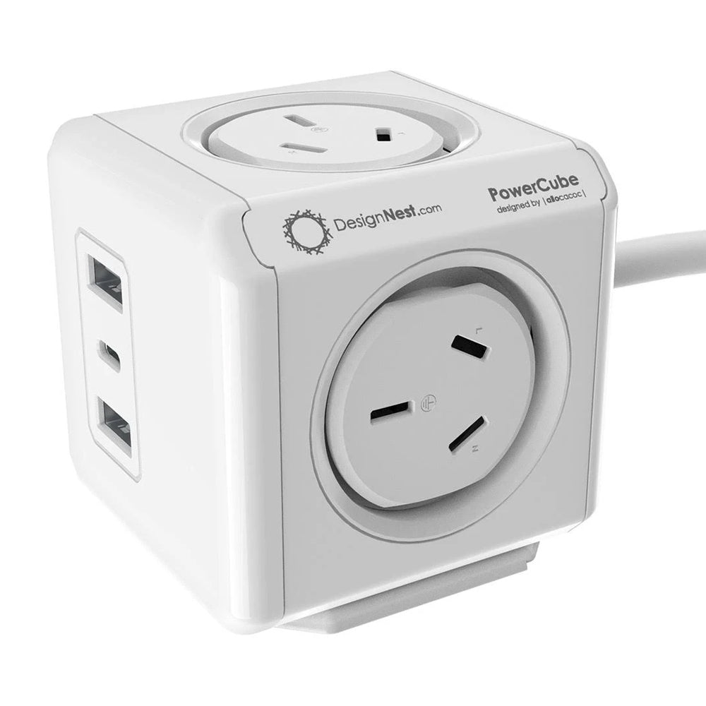 Allocacoc PowerCube Extended with 4 Outlets, 2 USB-A, 1 USB-C PD 20W, Surge Protection, 1.5M Cable - White (11407-AUEUAC)