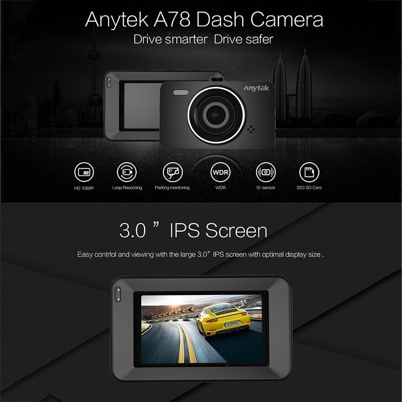 Anytek A78 Full HD 1080P Dash Camera with 170° Wide Angle and 24/7 Parking Surveillance