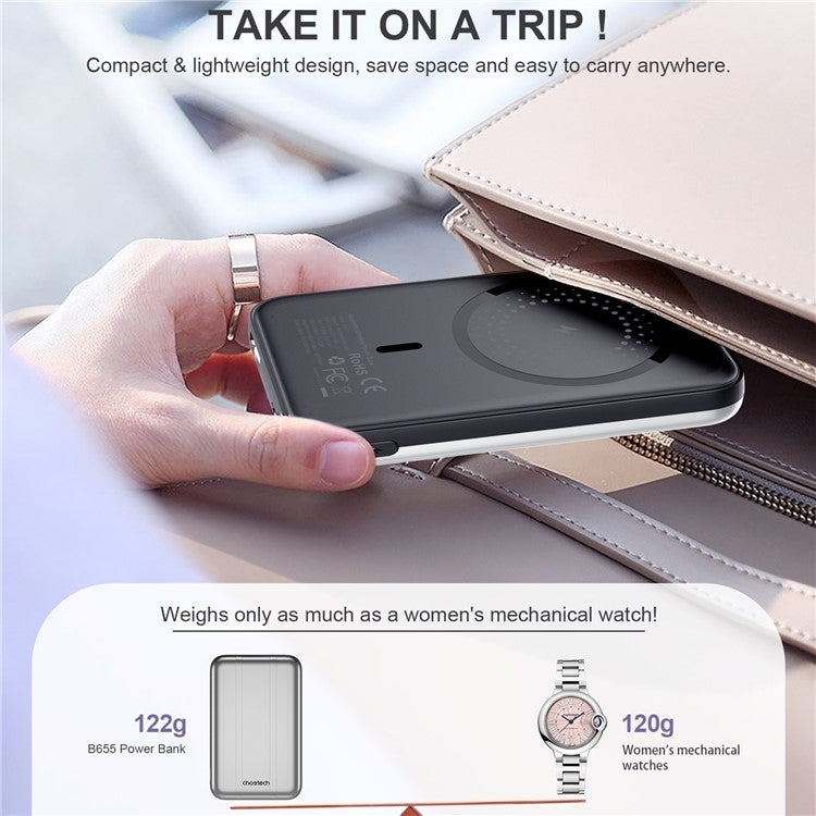 CHOETECH Magnetic Wireless Power Bank 5000mAh with 10W Fast Charging (Silver)