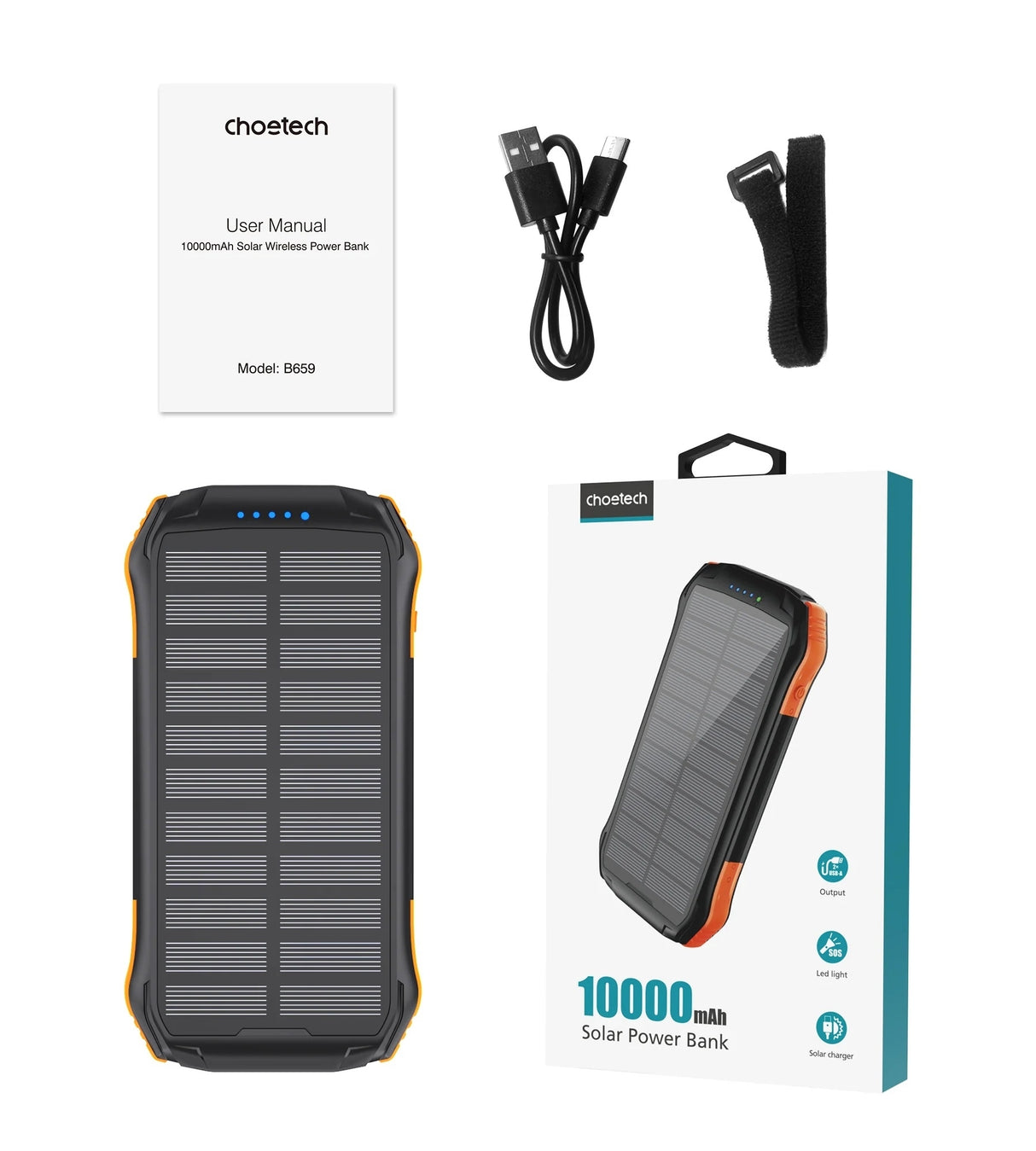 CHOETECH 20000mAh Solar Charging Power Bank with Qi Wireless and USB-C Fast Charge