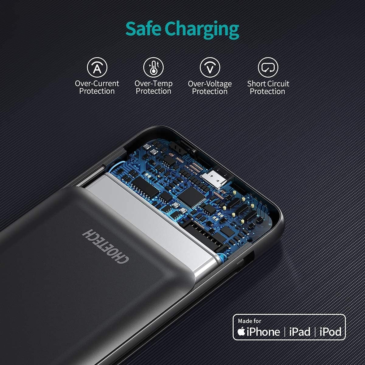 CHOETECH 10000mAh MFi Certified Power Bank with Dual Built-in Cables and PD18W Fast Charging