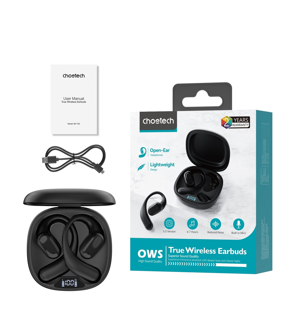 CHOETECH BH-T25 OWS Wireless Bluetooth Earbuds V5.3 with Advanced Sound Quality - Black