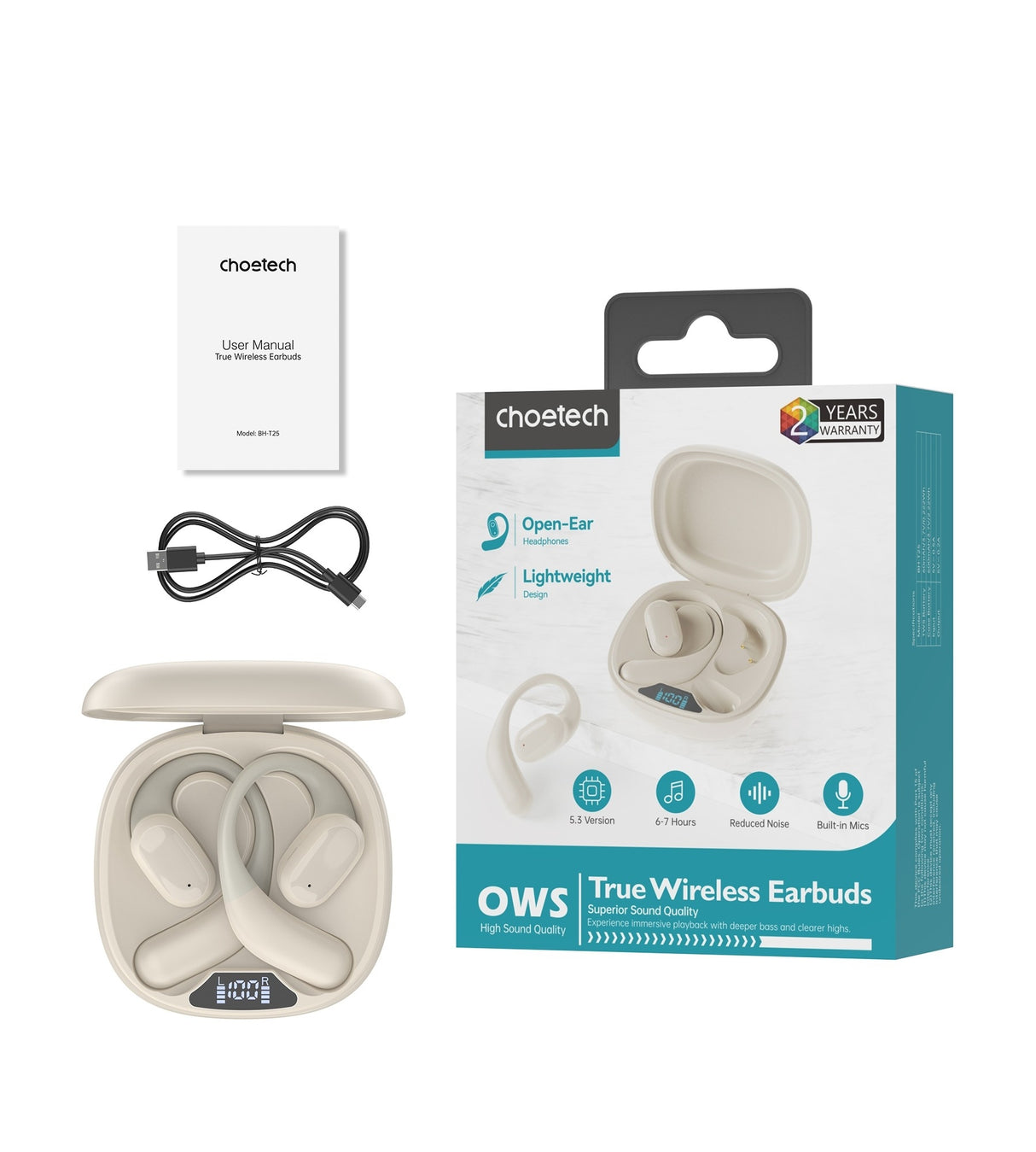 CHOETECH BH-T25 OWS Wireless Bluetooth Earbuds V5.3 - Painless & Immersive Sound Experience in White