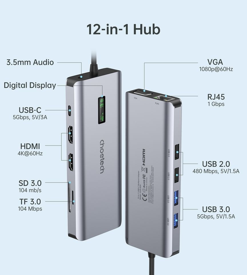 CHOETECH 12-in-1 USB-C Multiport Hub with Triple Display and 100W PD Charging