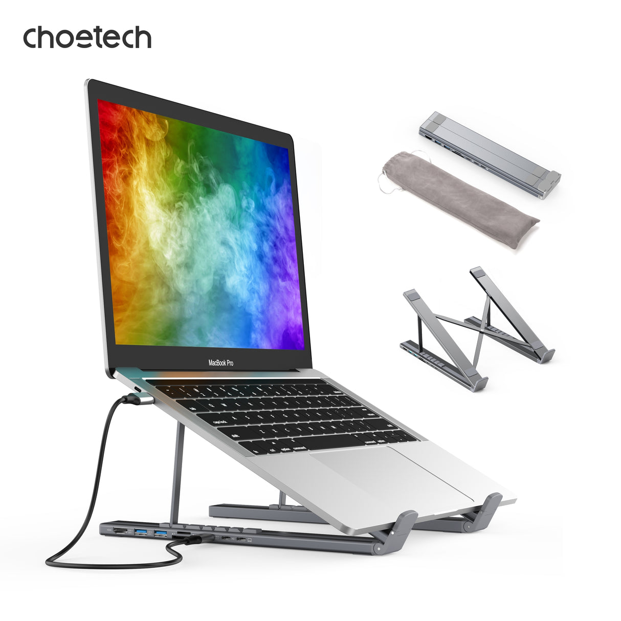 CHOETECH M48 7-in-1 USB-C Hub with Foldable Laptop Stand - HDMI 4K, Dual USB-A, SD/TF Card Reader, and PD Charging