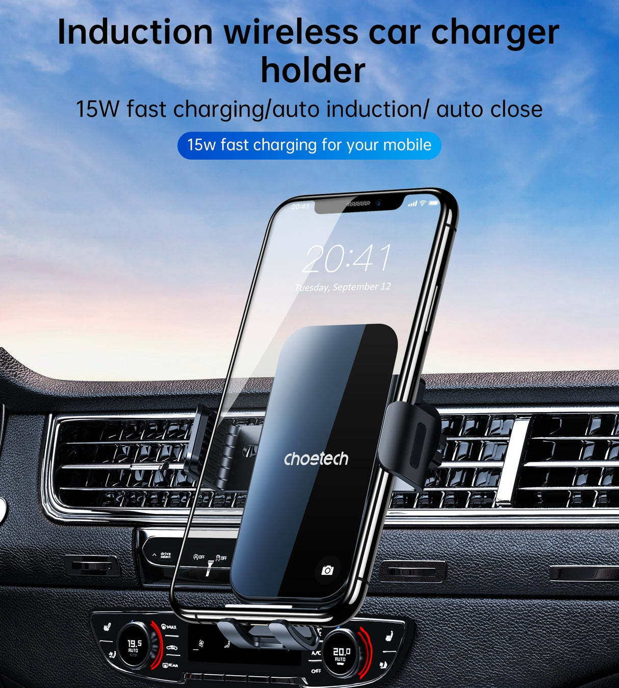 Choetech T202-F 15W Fast Wireless Charging Car Mount Dock