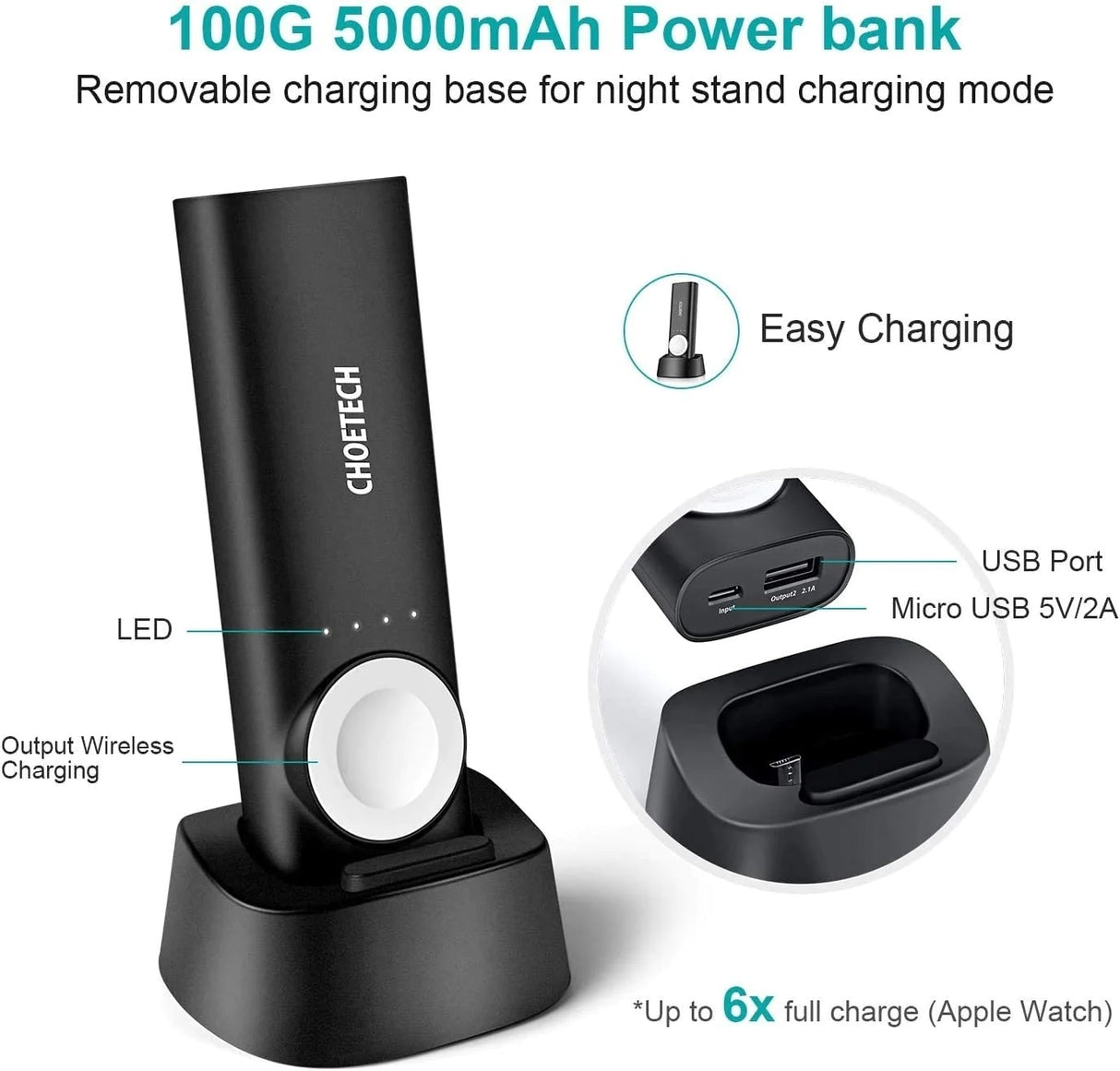 CHOETECH T315 2-in-1 Portable Wireless Charger & 5000mAh Power Bank for Apple Watch and Devices