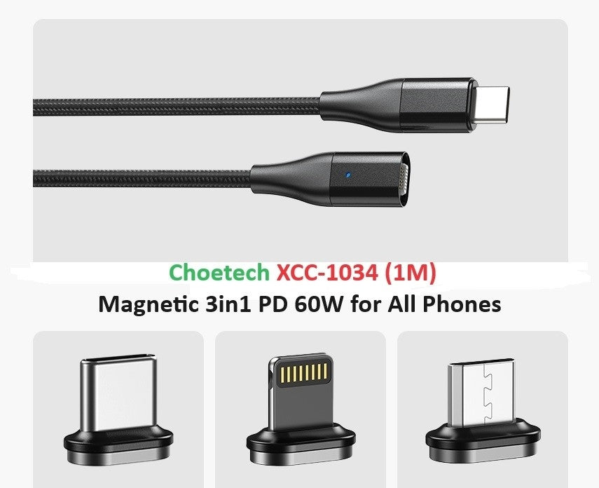 CHOETECH 60W 1M USB-C to C Cable with 3 Interchangeable Connectors