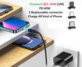 CHOETECH 60W 1M USB-C to C Cable with 3 Interchangeable Connectors