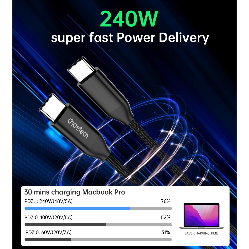 CHOETECH 240W USB-C M to M PD3.1 Fast Charging Cable - 1M Length