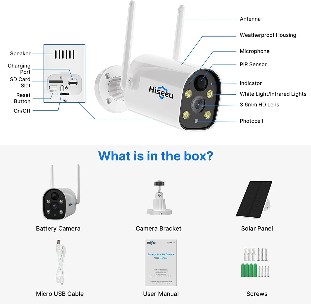 Hiseeu C40 Wireless Indoor/Outdoor WiFi Battery Camera with Solar Power and Motion Detection