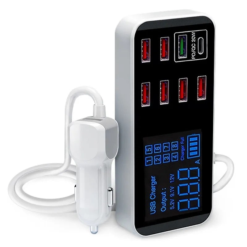 40W Multi-Port Fast Car Charger with LCD Display - 8 Ports, PD & QC3.0