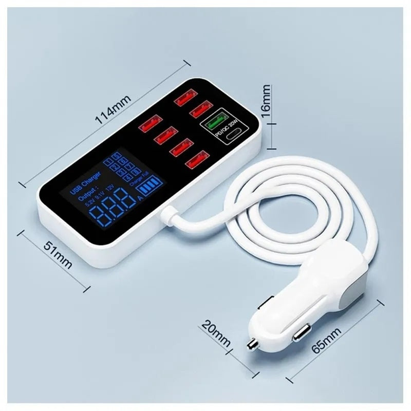 40W Multi-Port Fast Car Charger with LCD Display - 8 Ports, PD & QC3.0