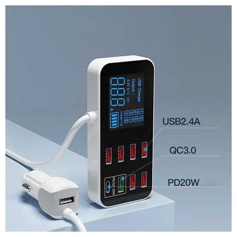 40W Multi-Port Fast Car Charger with LCD Display - 8 Ports, PD & QC3.0