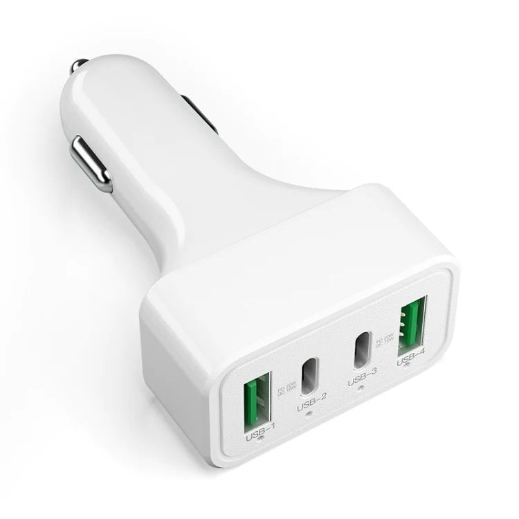 White 4-Port Car Charger with Dual PD and QC3.0 Support