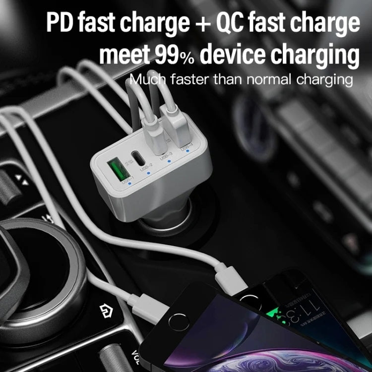 White 4-Port Car Charger with Dual PD and QC3.0 Support