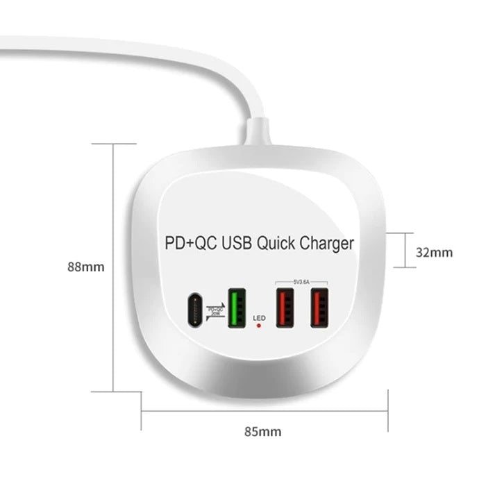 40W 4-Port Fast Charger with PD & QC 3.0 and AU Plug