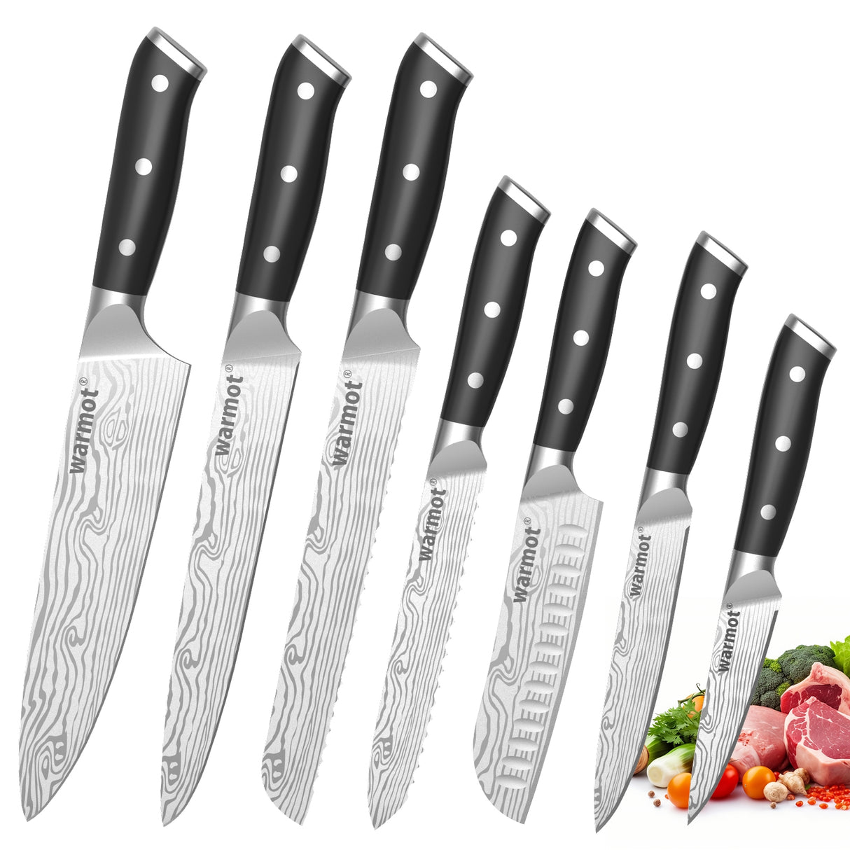 Warmot Complete 7-Piece High Carbon Stainless Steel Chef's Knife Set with Ergonomic Handles and Gift Box