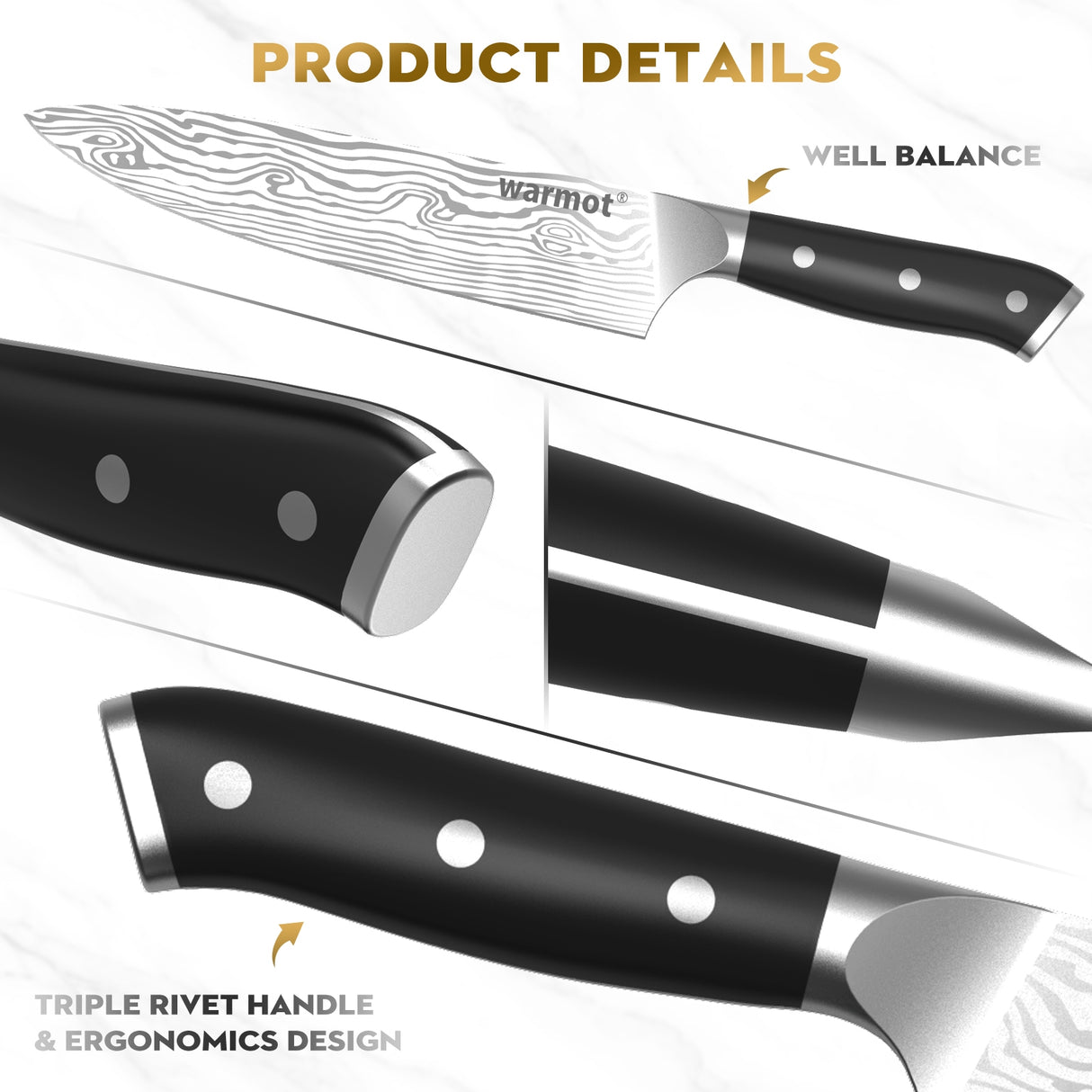 Warmot Complete 7-Piece High Carbon Stainless Steel Chef's Knife Set with Ergonomic Handles and Gift Box