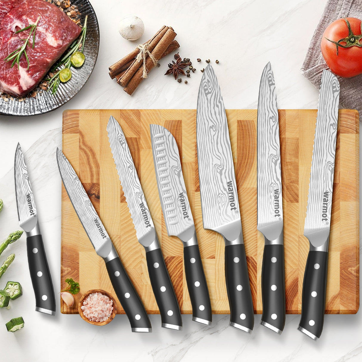 Warmot Complete 7-Piece High Carbon Stainless Steel Chef's Knife Set with Ergonomic Handles and Gift Box