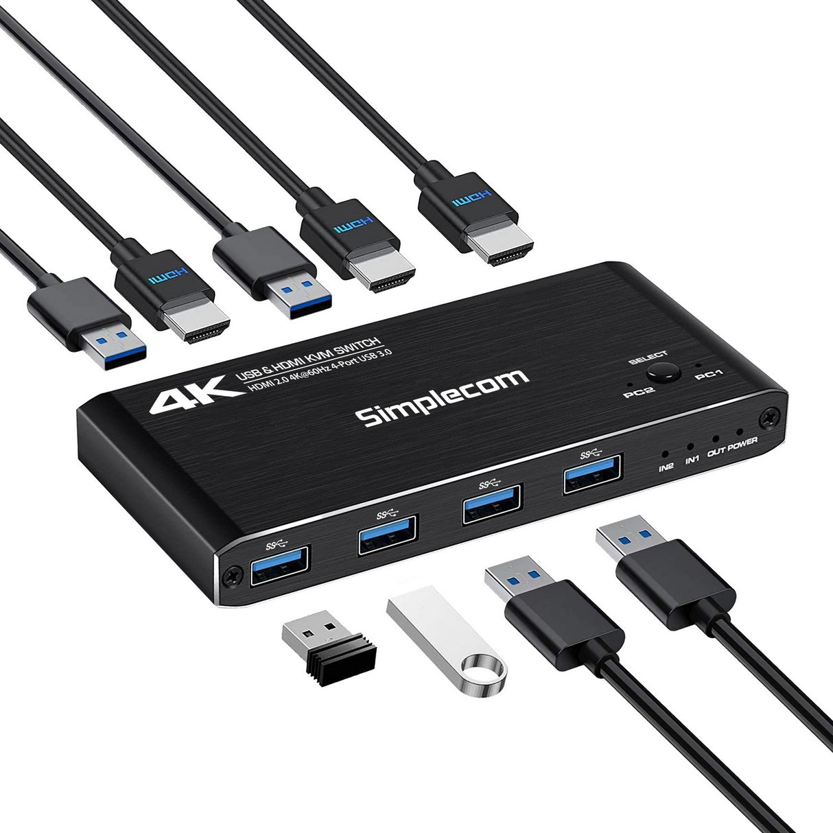 Simplecom KM420 HDMI KVM Switch with 4K@60Hz Support and 4-Port USB 3.0 Hub