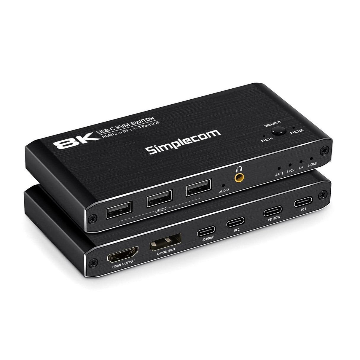 Simplecom KM470 8K USB-C KVM Switch with Dual Docking and HDMI/DP Output for Laptops and Tablets