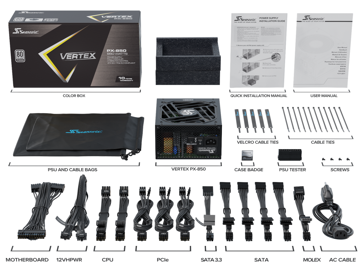 Seasonic VERTEX 850W Platinum ATX 3.0 Fully Modular Power Supply with 16-Pin PCIe Gen 5 Cable