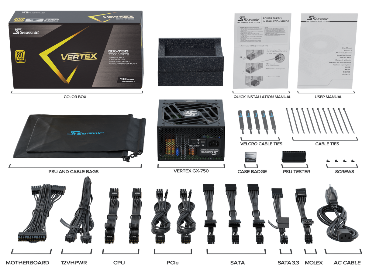 Seasonic VERTEX 750W Modular 80 PLUS Gold Power Supply with ATX 3.0 Compatibility