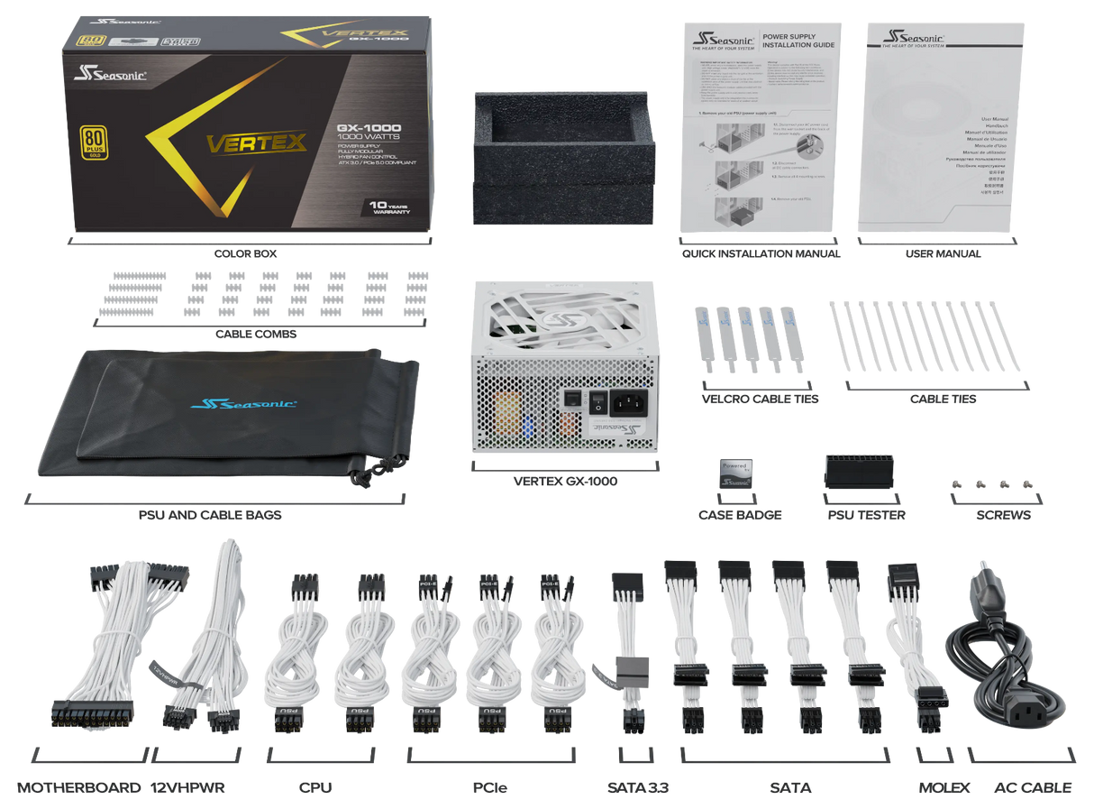 Seasonic VERTEX GX-1000 White 1000W Fully Modular ATX 3.0 Gold Power Supply Unit