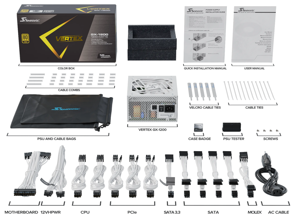 Seasonic VERTEX GX-1200 White 1200W Fully Modular ATX 3.0 Gold Power Supply Unit