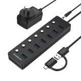 7-Port USB 3.0 Hub with Individual Power Switches and Dual USB-A/C Connectivity