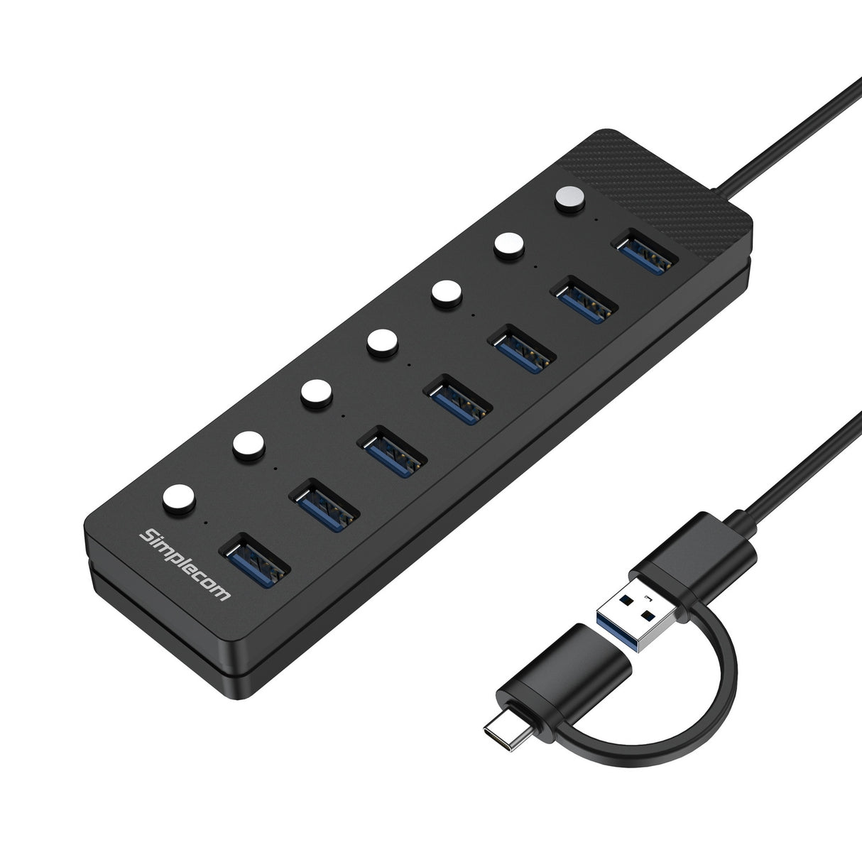 7-Port USB 3.0 Hub with Individual Power Switches and Dual USB-A/C Connectivity