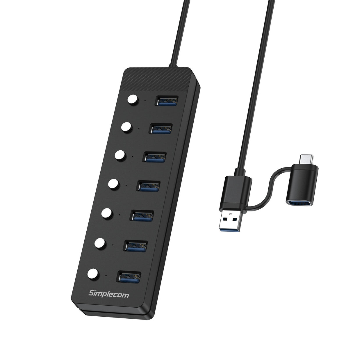 7-Port USB 3.0 Hub with Individual Power Switches and Dual USB-A/C Connectivity