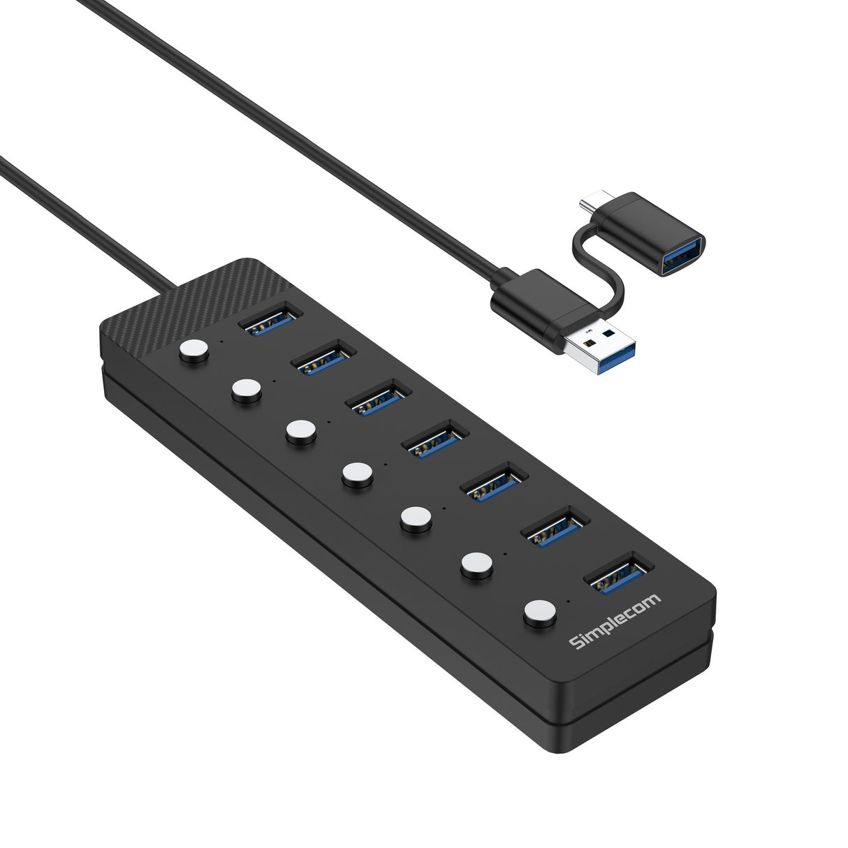 7-Port USB 3.0 Hub with Individual Power Switches and Dual USB-A/C Connectivity