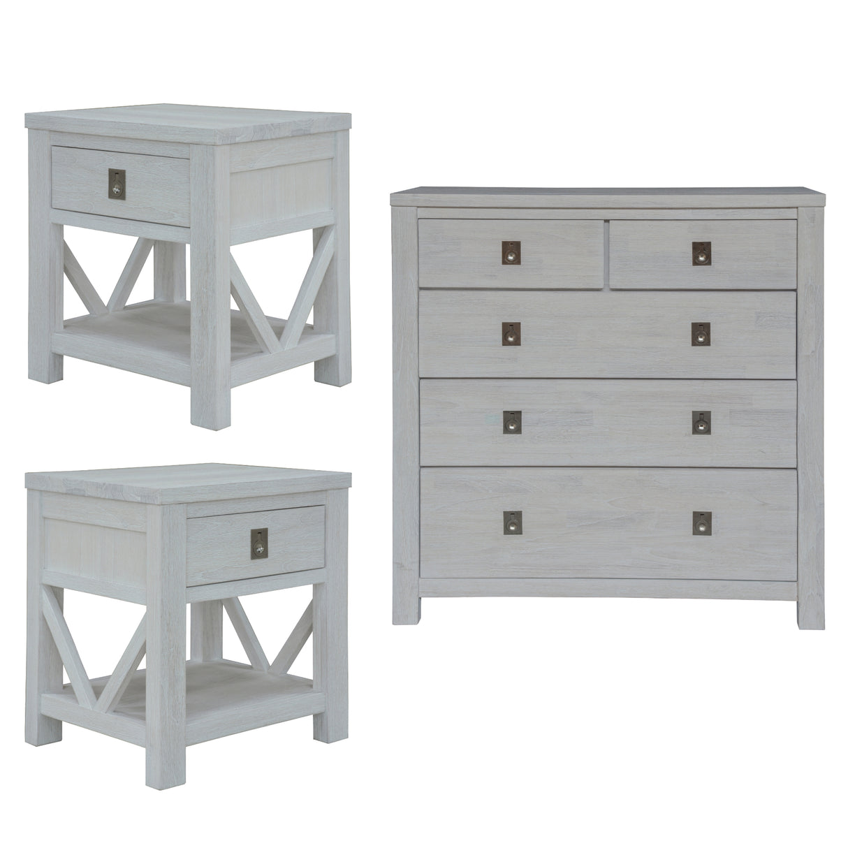 Myer 3pc Set 2 Bedside Tallboy Storage Cabinet Side End Table White Wash