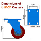 4-Pack 3-Inch Heavy-Duty Casters with 2 Fixed and 2 Swivel Options, 300kg Load Capacity, Includes Brakes - Front View