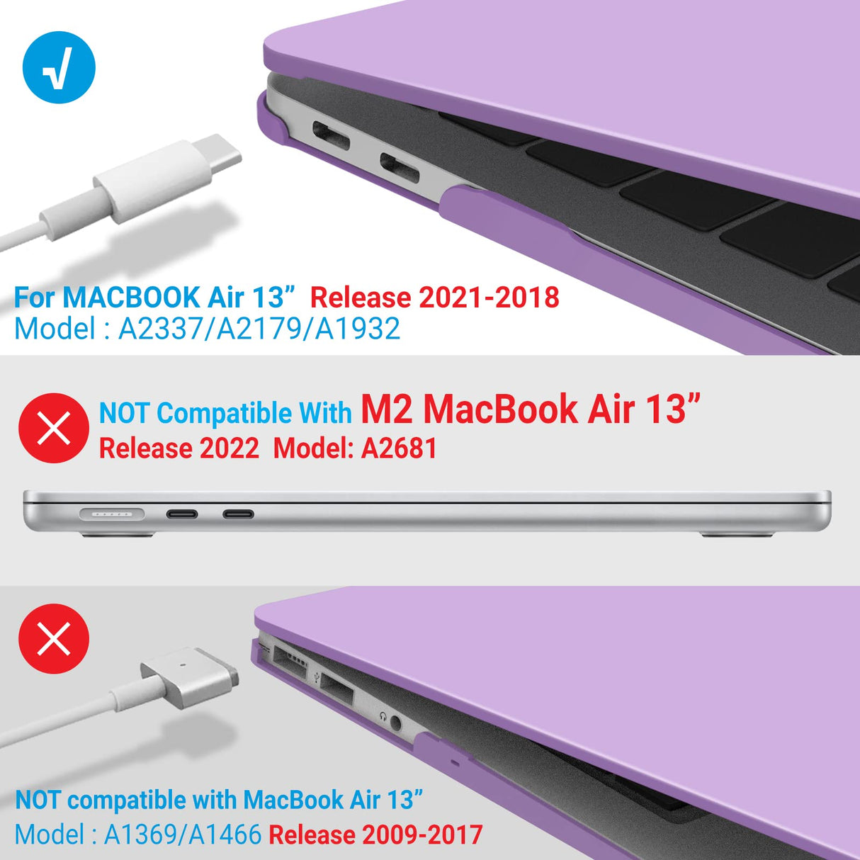 MacBook Air 13 Inch Protective Shell Case with Keyboard Cover - Purple for Models A1932, A2179, A2337 (2018-2022)