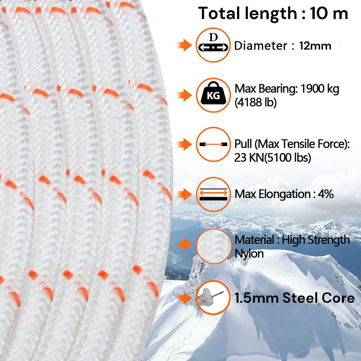 12mm x 10m Heavy-Duty Nylon Climbing Rope - Versatile Marine and Outdoor Use with Steel Core and Carabiners