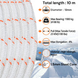 12mm x 10m Heavy-Duty Nylon Climbing Rope - Versatile Marine and Outdoor Use with Steel Core and Carabiners