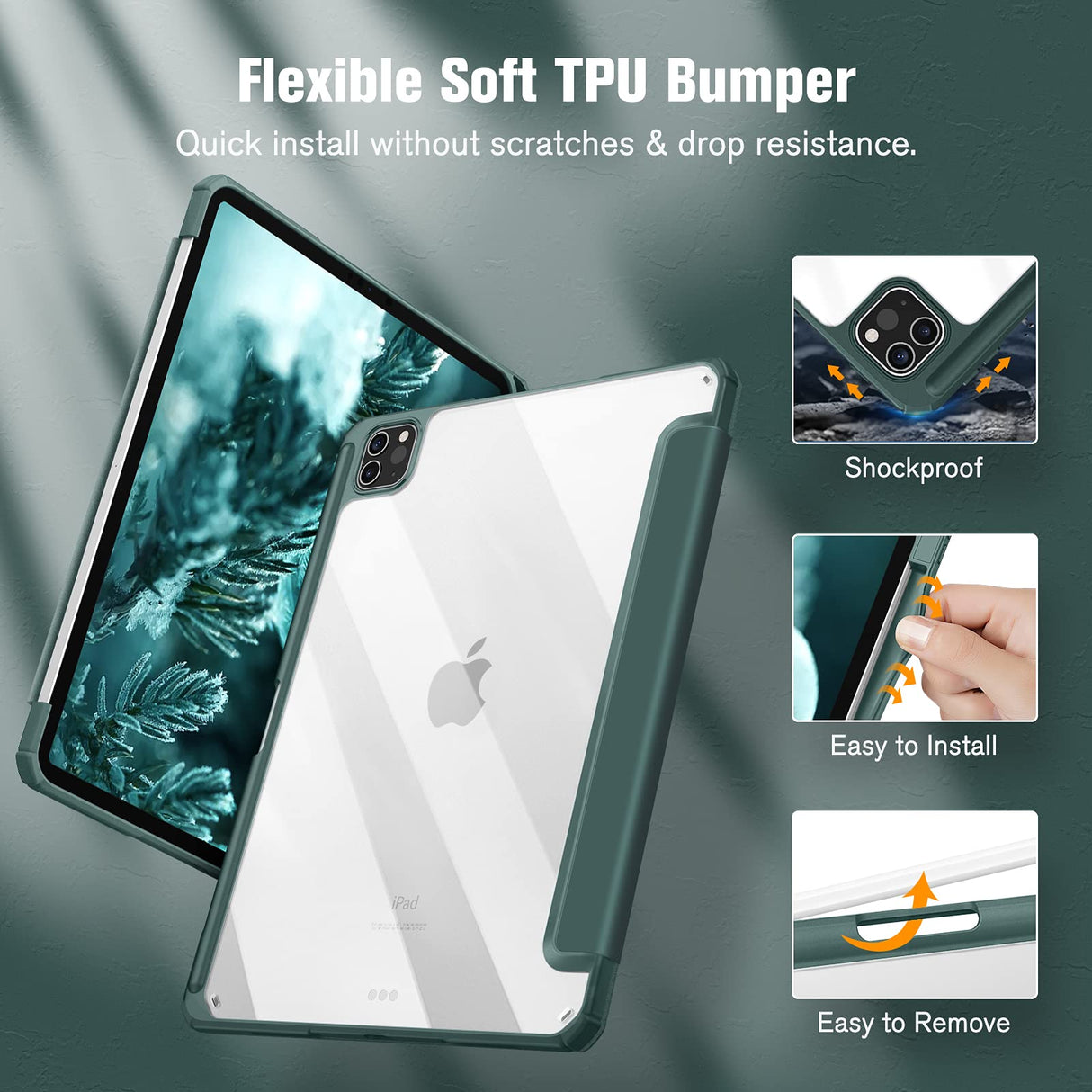 iPad Pro 11 Inch (2018-2022) Premium TPU Smart Case with Auto Sleep/Wake, Clear View, Pencil Holder, Dark Green