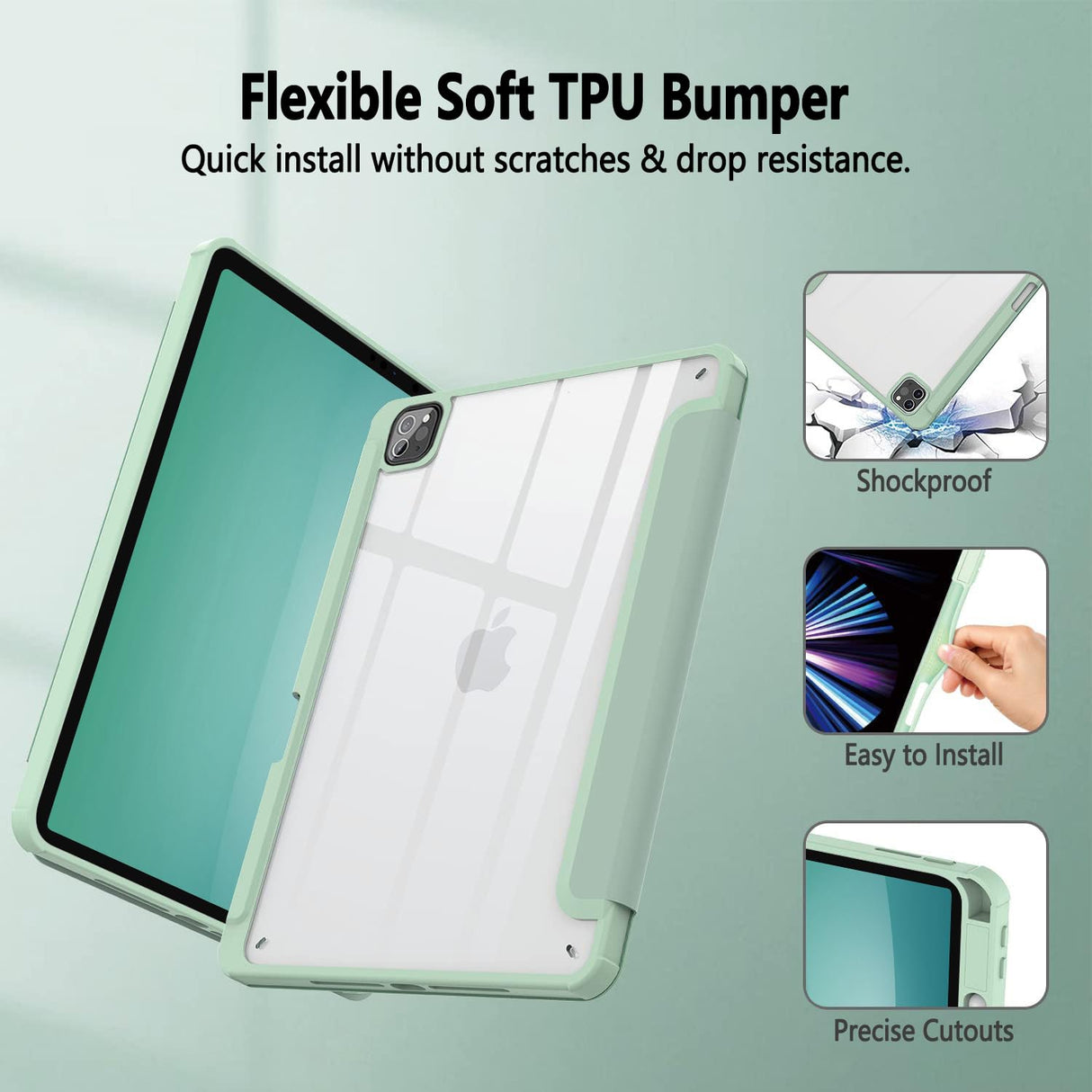 iPad Pro 11 Inch (2018-2022) Clear TPU Smart Case with Auto Sleep/Wake, Stand, and Pencil Holder - Green