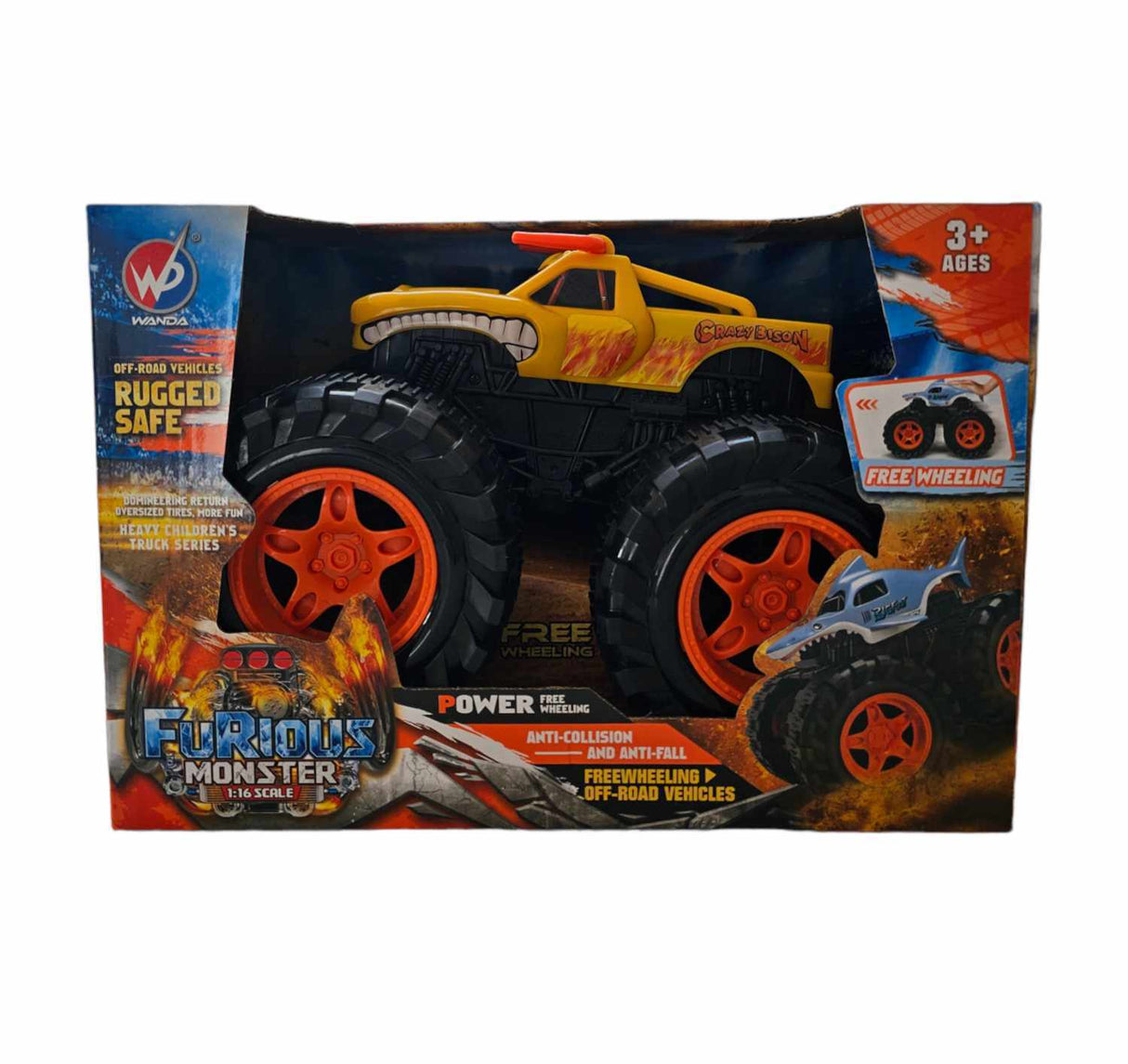 Friction Powered Yellow Bison Monster Truck for Children 1:16 Scale 3+