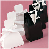 Wedding Favor Boxes Set of 100 - 50 Bride Gown and 50 Groom Tux Designs with Ribbon Bows