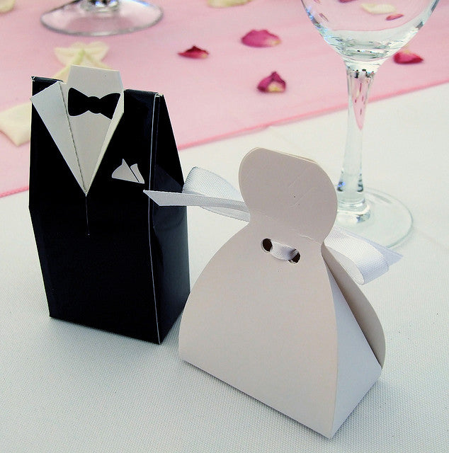 Wedding Favor Boxes Set of 100 - 50 Bride Gown and 50 Groom Tux Designs with Ribbon Bows