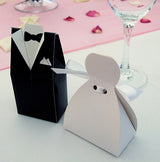 Wedding Favor Boxes Set of 100 - 50 Bride Gown and 50 Groom Tux Designs with Ribbon Bows